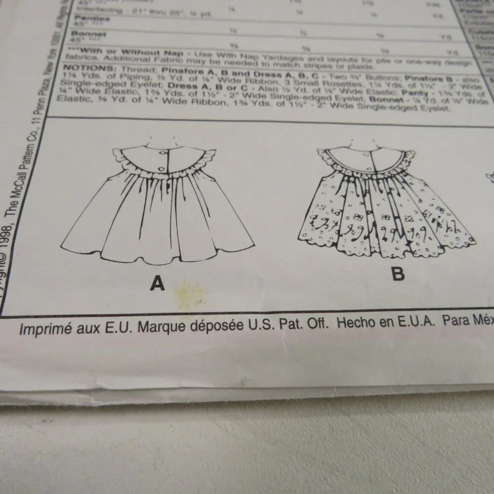 McCalls 9204 Sewing Clothing Pattern NEW BORN size Pinafore Dress, Bonnet, etc.